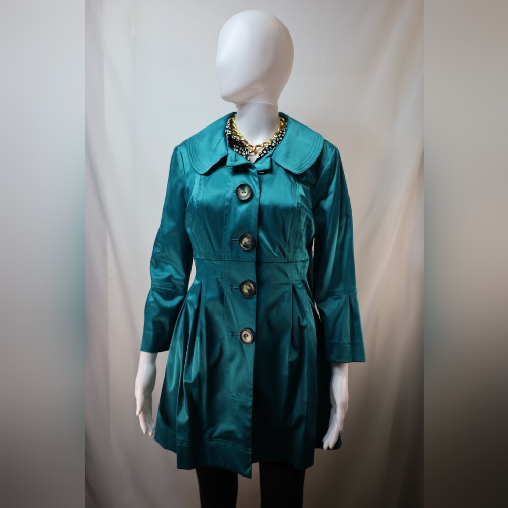 Byer California Teal Satin Trench Coat – XL Fit & Flare Statement Jacket